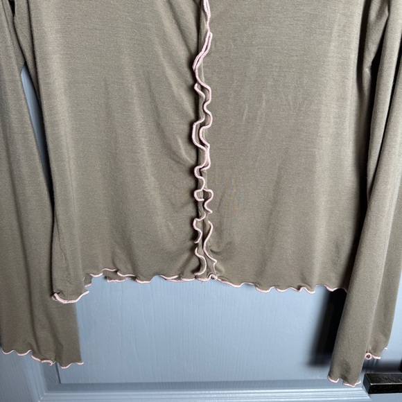 VTG Coquette Top Sz L Demure Romantic Fairy Lettuce Hem Y2K Sage Green Baby Pink - Picture 4 of 13